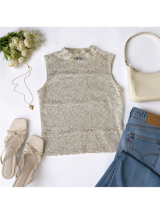 pretika Tops - Pretika Lace Mock Neck Sleeveless Top – Cream Floral Lace Y2K Romantic Blouse